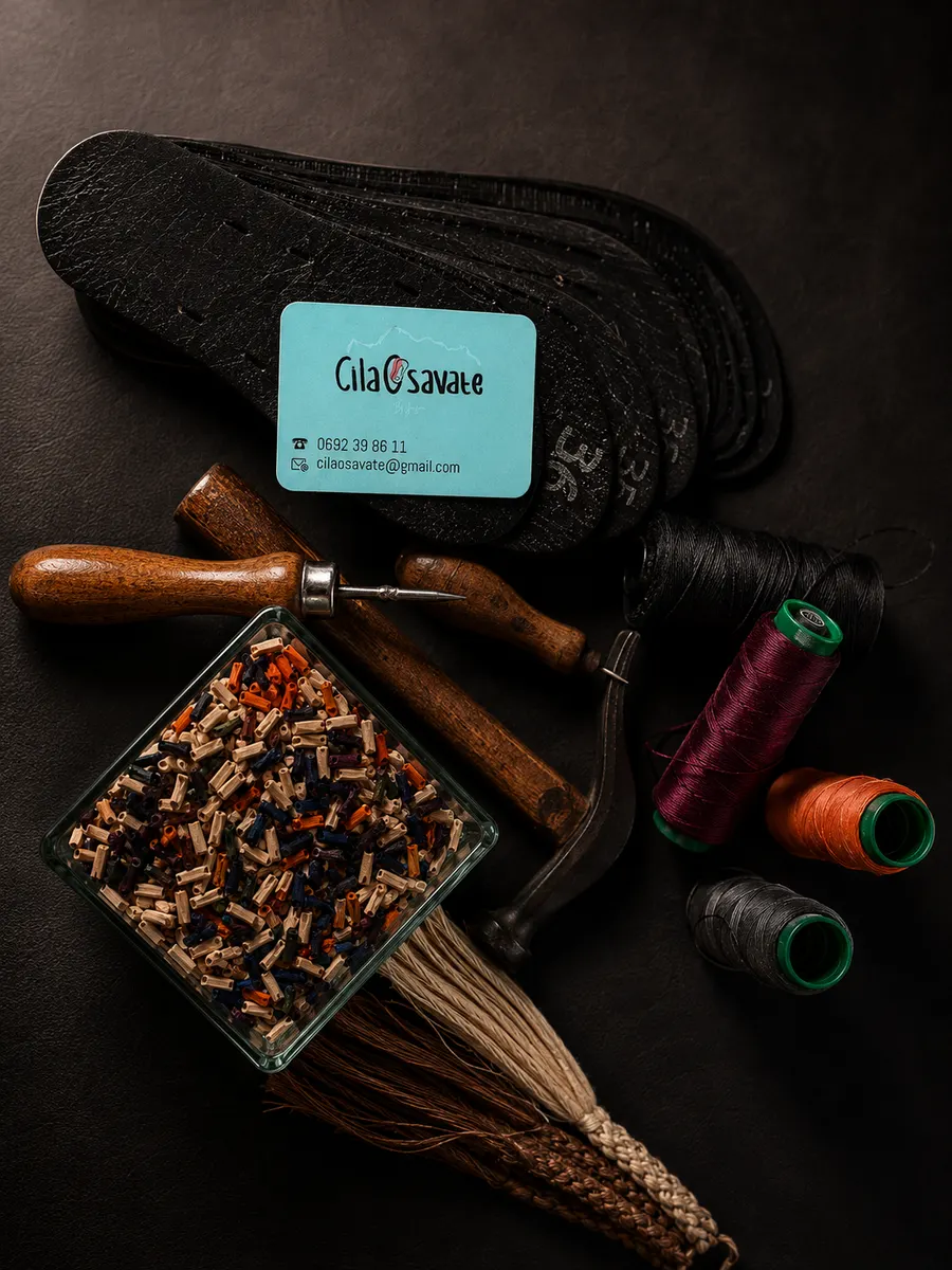 Outils traditionnels de maroquinerie posés sur l'établi